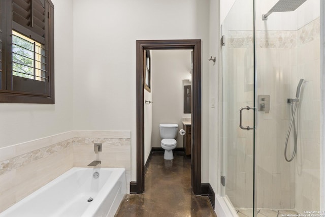full bathroom featuring a garden tub, finished concrete floors, vanity, and a shower stall