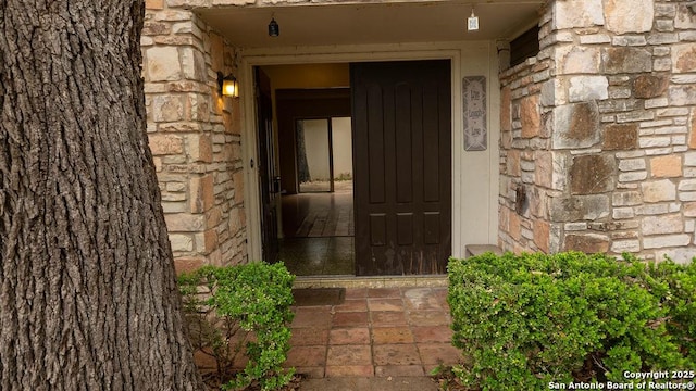 doorway to property featuring stone siding