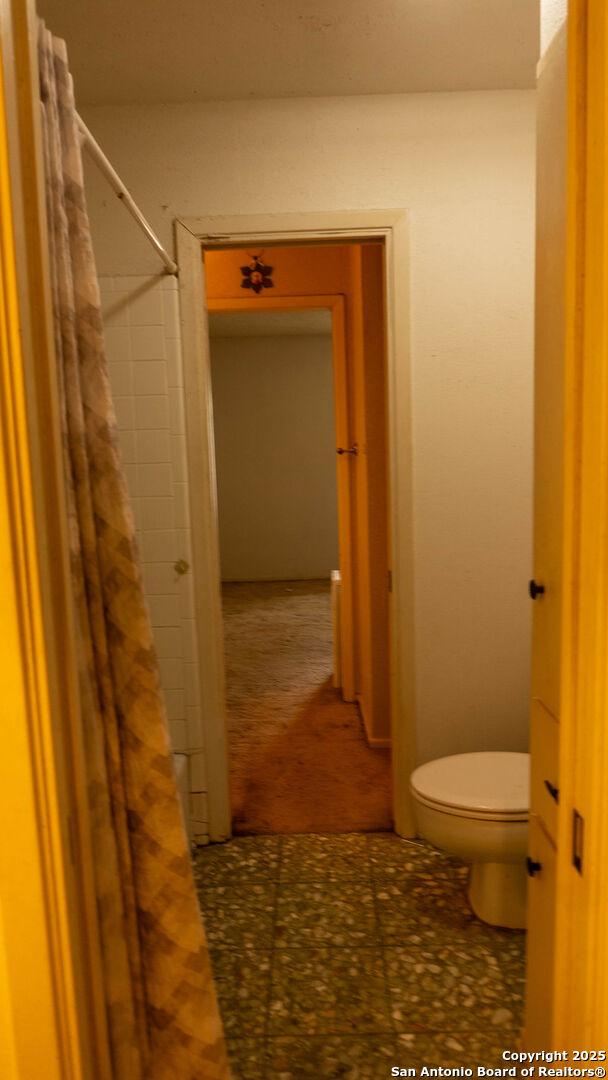 bathroom with toilet and a shower with curtain
