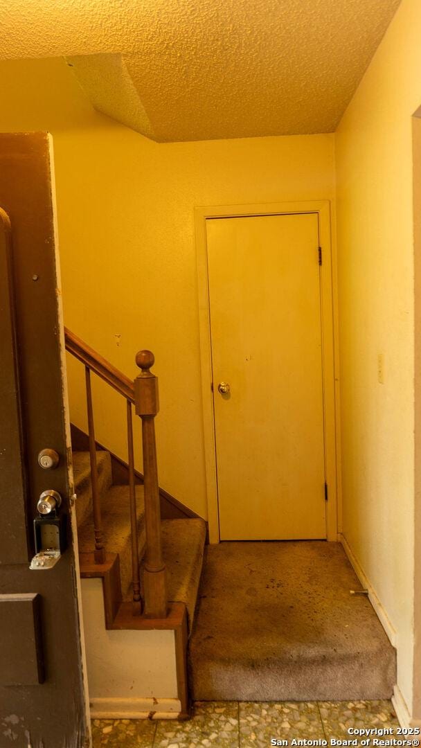 stairway featuring carpet flooring and a textured ceiling