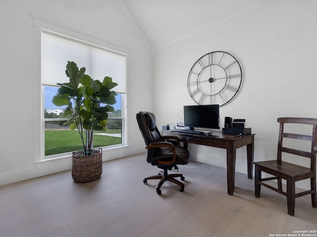 office featuring ornamental molding, wood finished floors, and lofted ceiling