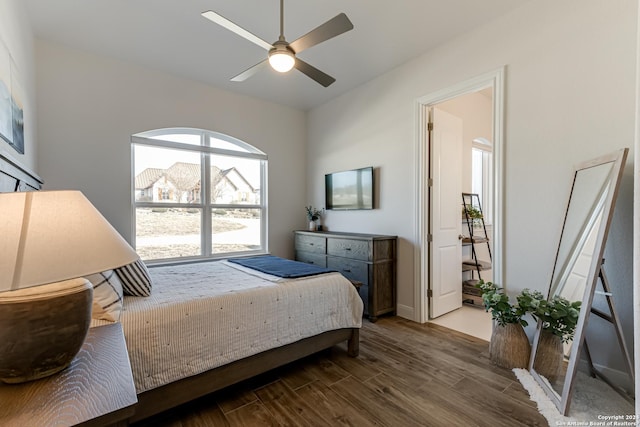 bedroom featuring ceiling fan and dark wood-type flooring