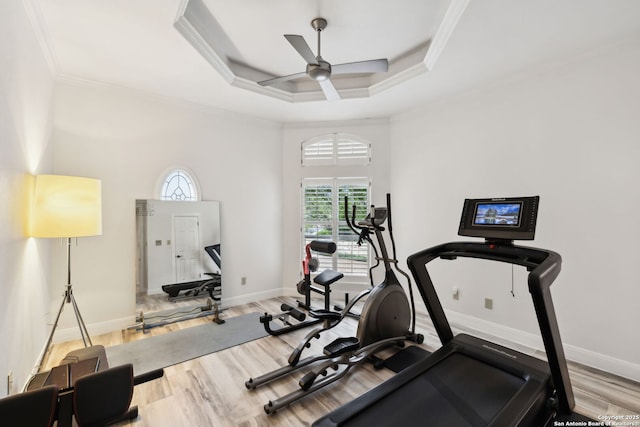 exercise room featuring crown molding, a ceiling fan, wood finished floors, a high ceiling, and baseboards