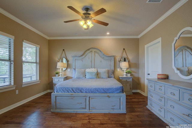 bedroom featuring a ceiling fan, visible vents, baseboards, ornamental molding, and dark wood-type flooring