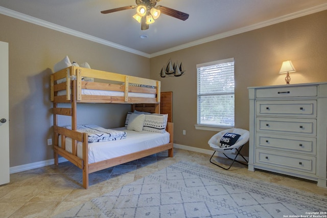 bedroom with crown molding, a ceiling fan, and baseboards