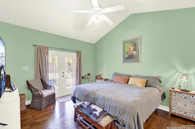 bedroom featuring lofted ceiling, wood finished floors, baseboards, access to outside, and french doors