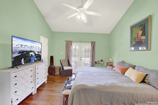 bedroom with access to outside, ceiling fan, high vaulted ceiling, french doors, and wood finished floors