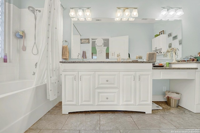 full bathroom with double vanity, tile patterned floors, visible vents, and shower / tub combo