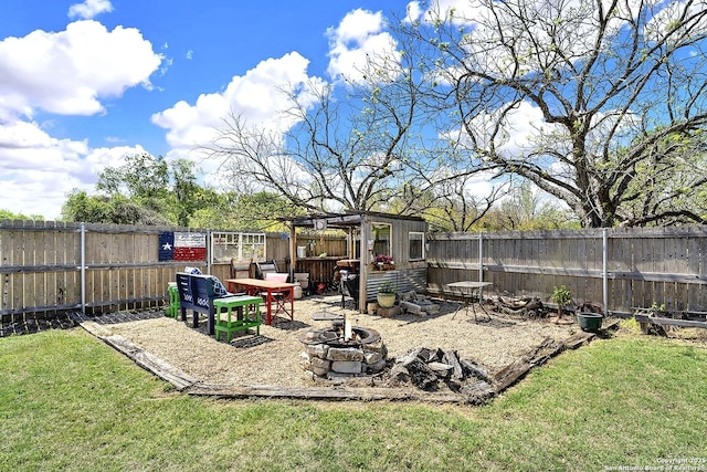 view of yard with a fenced backyard and an outdoor fire pit