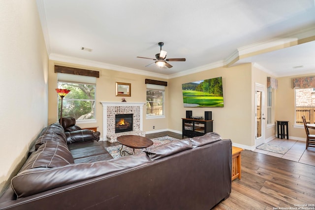 18607 Double Frk, San Antonio, TX 78258 - living room featuring crown molding, a ceiling fan, wood finished floors, and a wealth of natural light