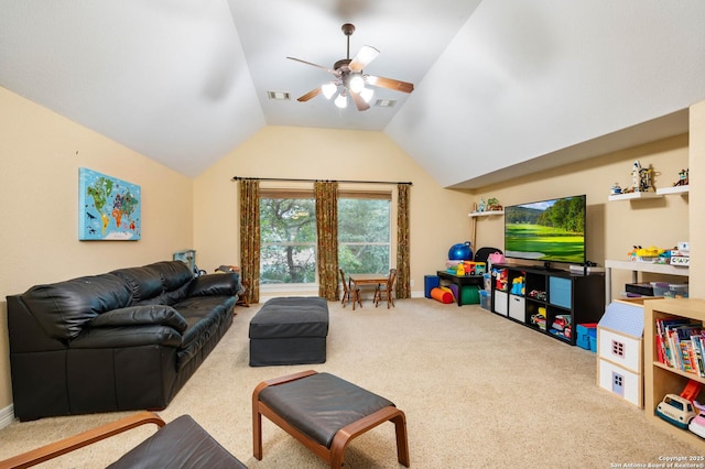 18607 Double Frk, San Antonio, TX 78258 - living area featuring vaulted ceiling, carpet floors, a ceiling fan, and visible vents