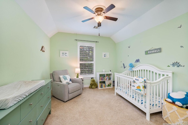 18607 Double Frk, San Antonio, TX 78258 - bedroom with visible vents, a crib, vaulted ceiling, and light colored carpet