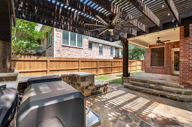 18607 Double Frk, San Antonio, TX 78258 - view of patio / terrace featuring grilling area, a pergola, ceiling fan, and a fenced backyard