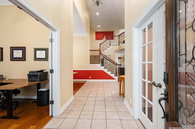 18607 Double Frk, San Antonio, TX 78258 - foyer entrance with french doors, stairs, baseboards, light wood-style floors, and recessed lighting