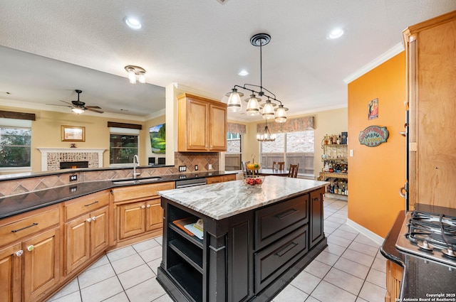 18607 Double Frk, San Antonio, TX 78258 - kitchen featuring open shelves, decorative backsplash, light tile patterned flooring, a sink, and ceiling fan with notable chandelier