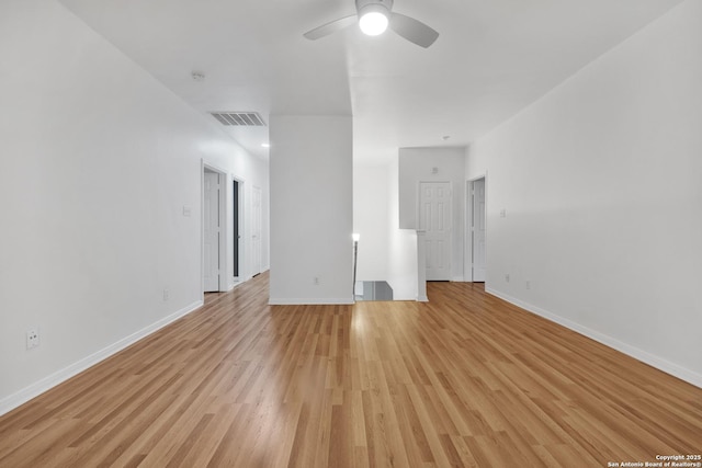 unfurnished living room featuring baseboards, a ceiling fan, light wood finished floors, and visible vents