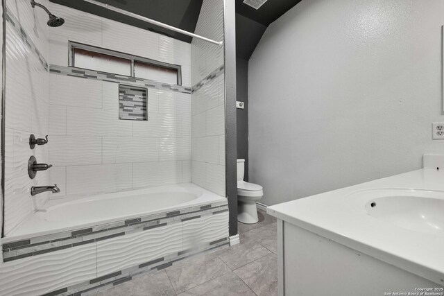 full bathroom featuring vanity, baseboards, bathtub / shower combination, and toilet