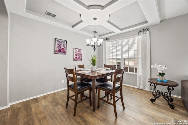dining space featuring visible vents, coffered ceiling, baseboards, and an inviting chandelier