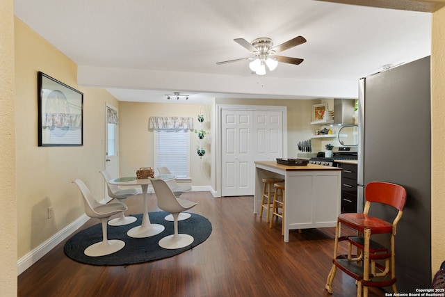 interior space featuring a ceiling fan, baseboards, and dark wood-type flooring