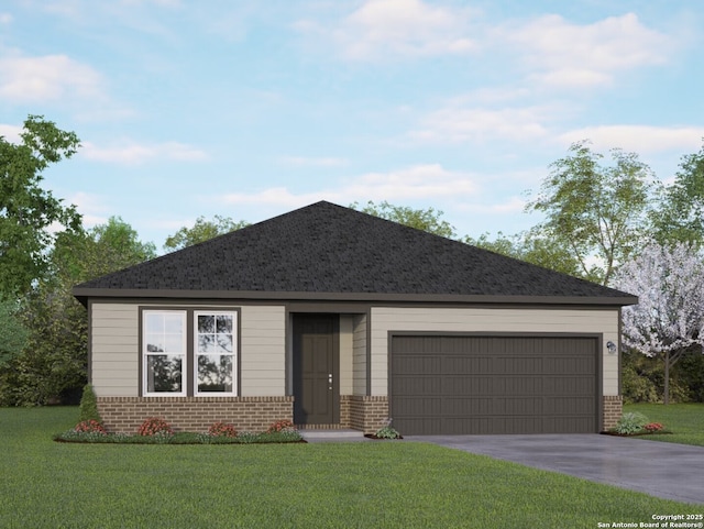 ranch-style house with brick siding, a front lawn, an attached garage, and driveway