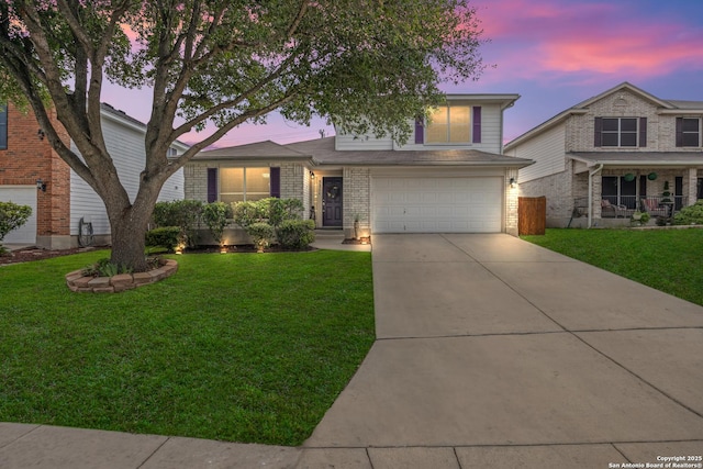 5211 Wood Gln, San Antonio, TX 78244 - traditional-style home with an attached garage, a front yard, driveway, and brick siding
