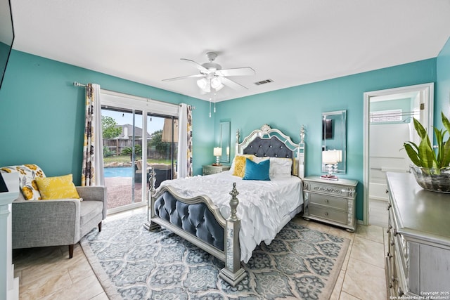 5211 Wood Gln, San Antonio, TX 78244 - bedroom featuring light tile patterned flooring, ceiling fan, visible vents, and access to exterior
