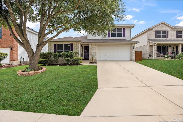 5211 Wood Gln, San Antonio, TX 78244 - view of front of home with brick siding, driveway, a front lawn, and a garage