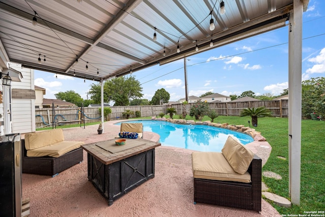 5211 Wood Gln, San Antonio, TX 78244 - view of swimming pool featuring a lawn, a patio, a fenced in pool, and a fenced backyard