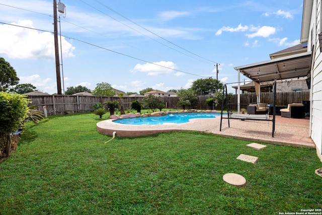 5211 Wood Gln, San Antonio, TX 78244 - view of pool with a fenced backyard, a fenced in pool, a yard, and a patio area