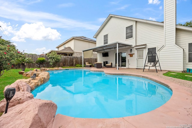5211 Wood Gln, San Antonio, TX 78244 - view of swimming pool featuring an outdoor living space, central AC unit, a patio area, a fenced in pool, and a fenced backyard