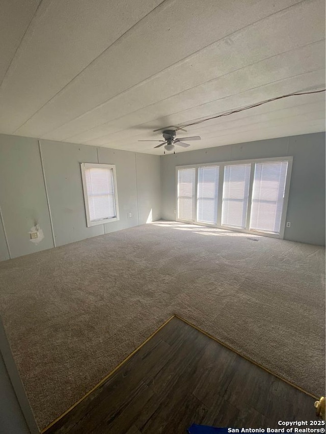 spare room featuring a ceiling fan, dark wood-style floors, and dark carpet
