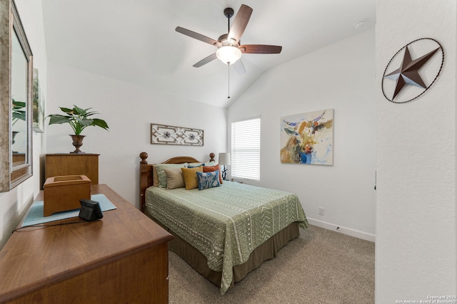 bedroom featuring baseboards, carpet flooring, a ceiling fan, and lofted ceiling
