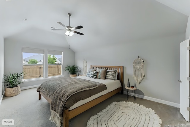 bedroom with carpet floors, baseboards, ceiling fan, and lofted ceiling
