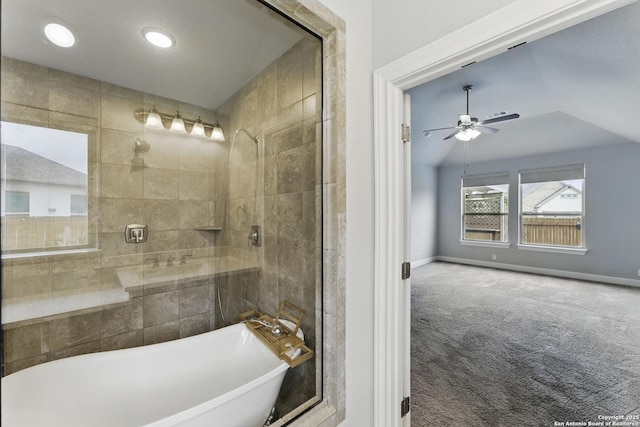 bathroom with a freestanding tub, baseboards, a ceiling fan, and recessed lighting