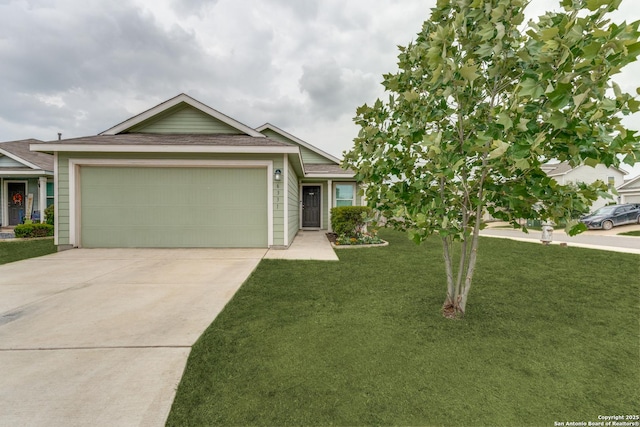 single story home with a shingled roof, an attached garage, concrete driveway, and a front lawn