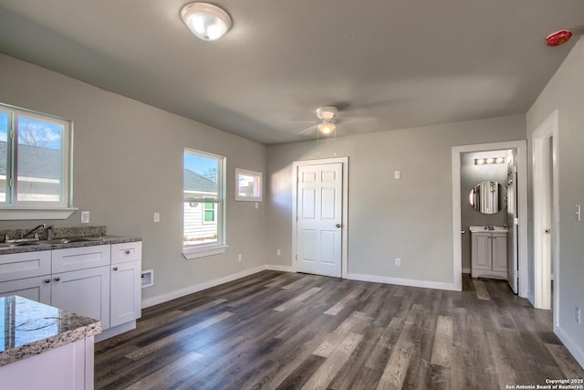 interior space featuring a sink, baseboards, a ceiling fan, and dark wood finished floors