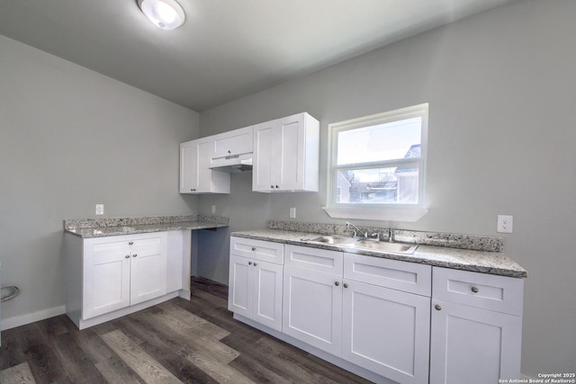 kitchen with a sink, white cabinetry, under cabinet range hood, and dark wood-style floors