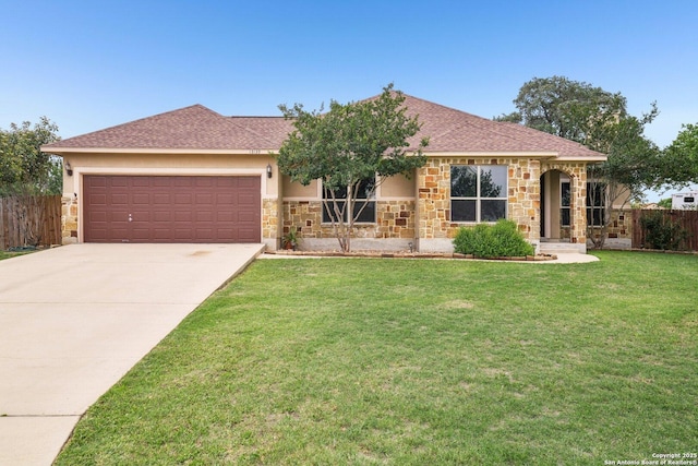 13139 Compass Rose, San Antonio, TX 78263 - single story home featuring fence, an attached garage, stone siding, a front yard, and driveway