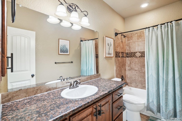13139 Compass Rose, San Antonio, TX 78263 - bathroom featuring vanity, a textured wall, toilet, and shower / tub combo with curtain