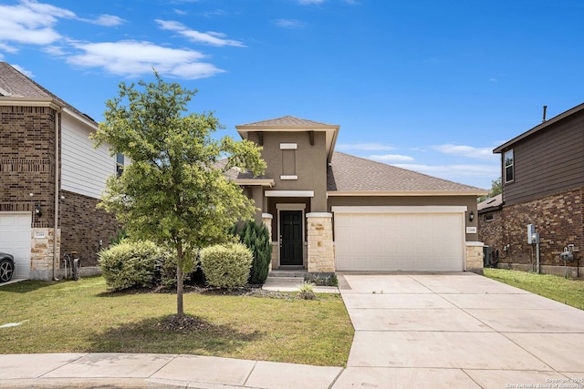 12448 Big Valley Crk, San Antonio, TX 78254 - view of front facade featuring a shingled roof, an attached garage, stucco siding, a front yard, and driveway