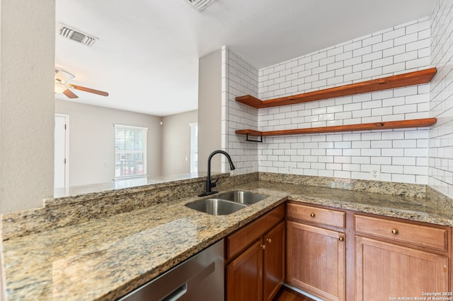 kitchen with visible vents, open shelves, a ceiling fan, tasteful backsplash, and a sink
