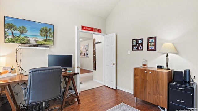 home office with baseboards and dark wood finished floors