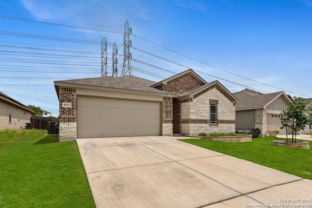 single story home with brick siding, stone siding, and a front lawn