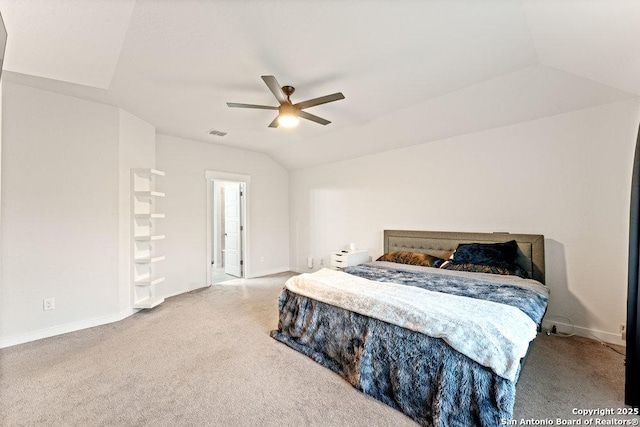 bedroom with baseboards, carpet, lofted ceiling, and visible vents