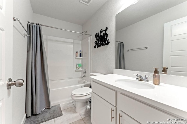 full bath featuring visible vents, tile patterned floors, vanity, toilet, and shower / bath combo with shower curtain