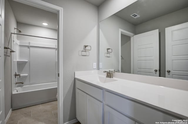 full bathroom with visible vents, shower / tub combination, vanity, baseboards, and toilet