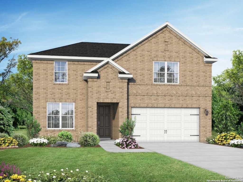 traditional home featuring a garage, driveway, a front lawn, and brick siding