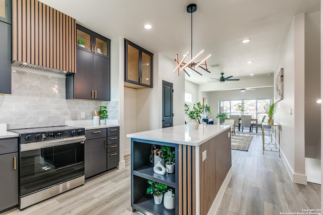 kitchen featuring light wood finished floors, custom exhaust hood, stainless steel range with electric cooktop, and tasteful backsplash