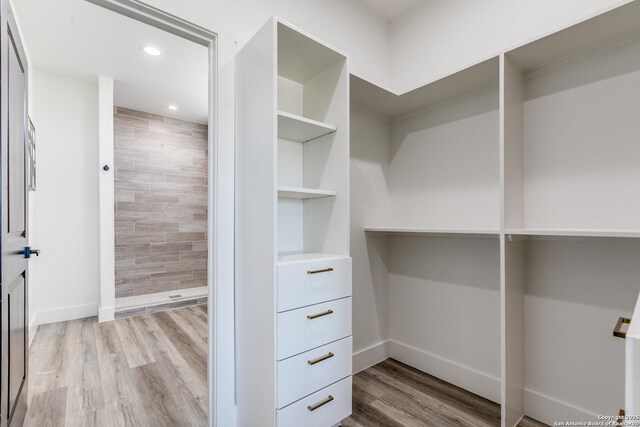 walk in closet with wood finished floors