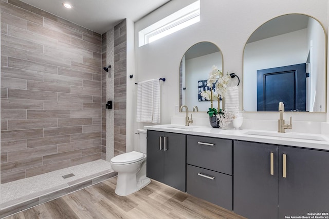full bath featuring double vanity, toilet, tiled shower, and a sink